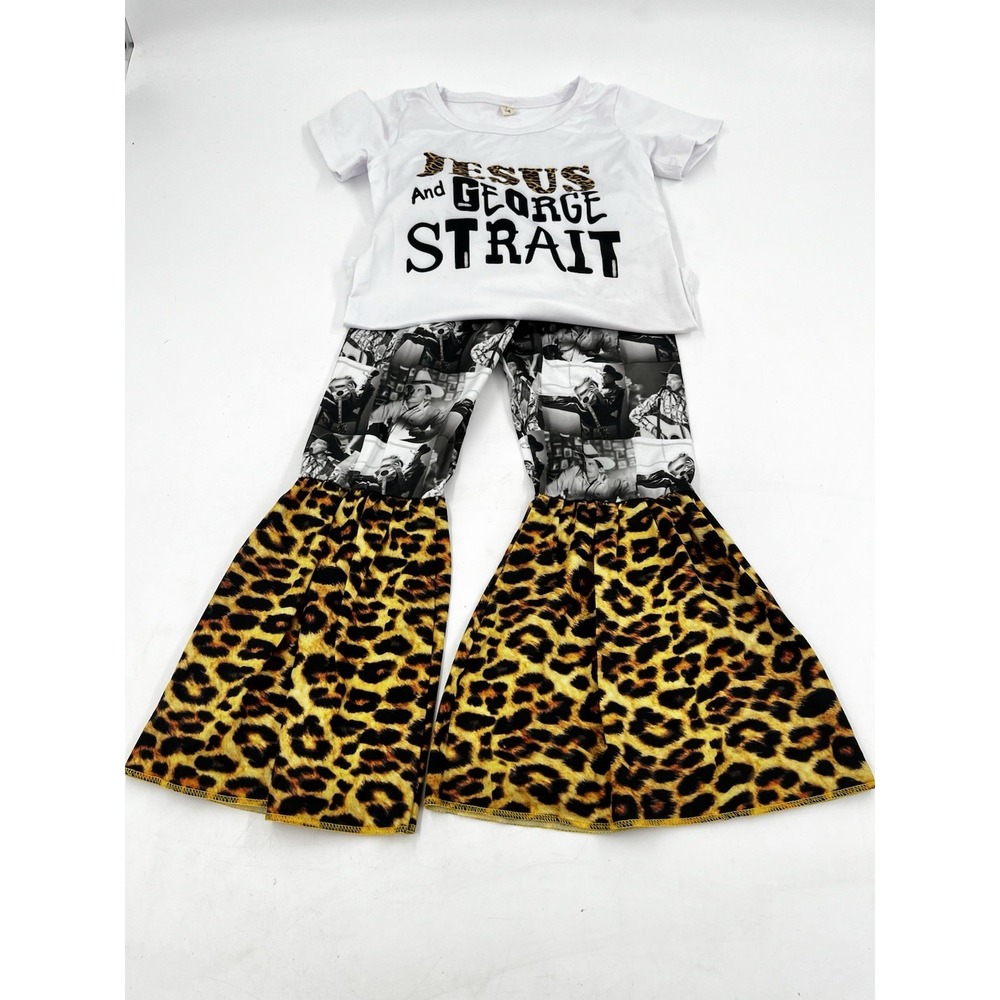 Jesus And George Strait Set 3T Graphic Girls Leopard Print Pants White Tee